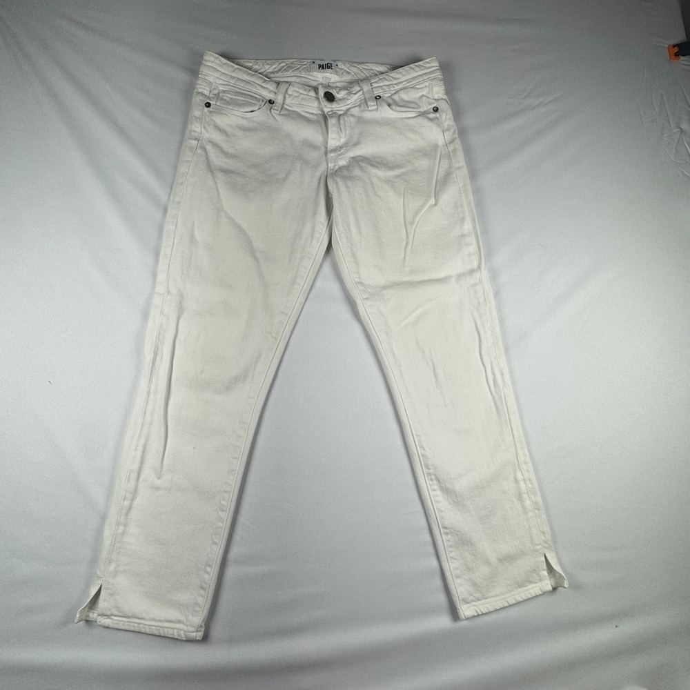 Paige Kylie Crop White Straight Leg Jeans Side Slit Denim Womens Size 27